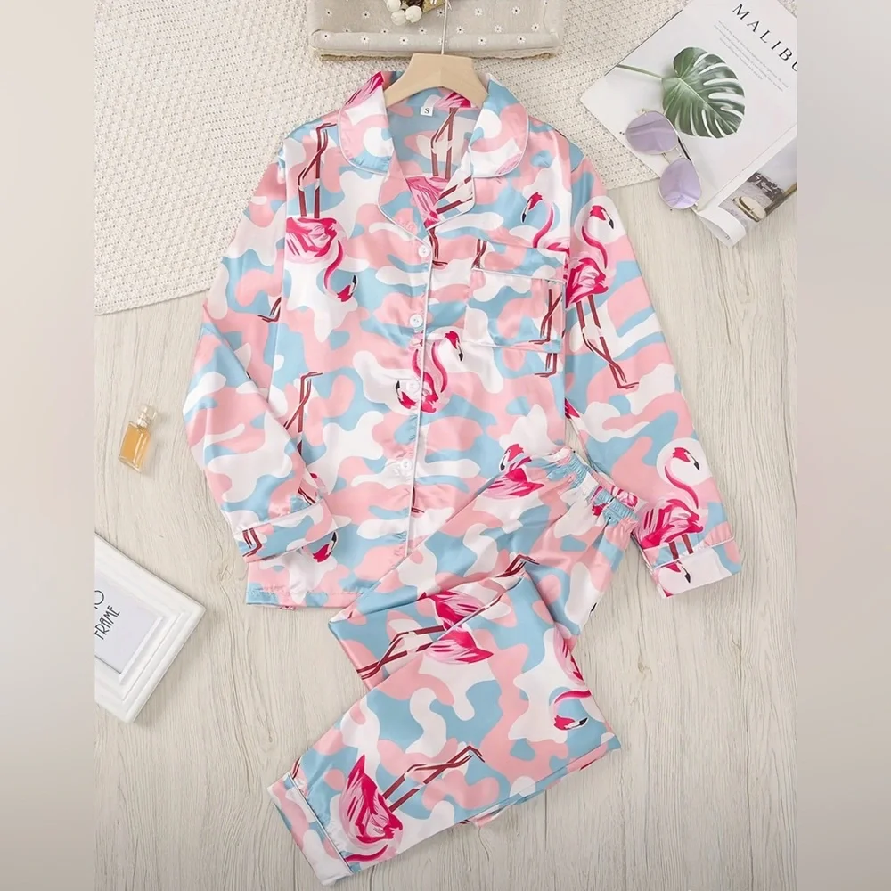 Flamingo Pajama Set Camouflage Print Size Large Pink and Blue Satin Soft Fabric